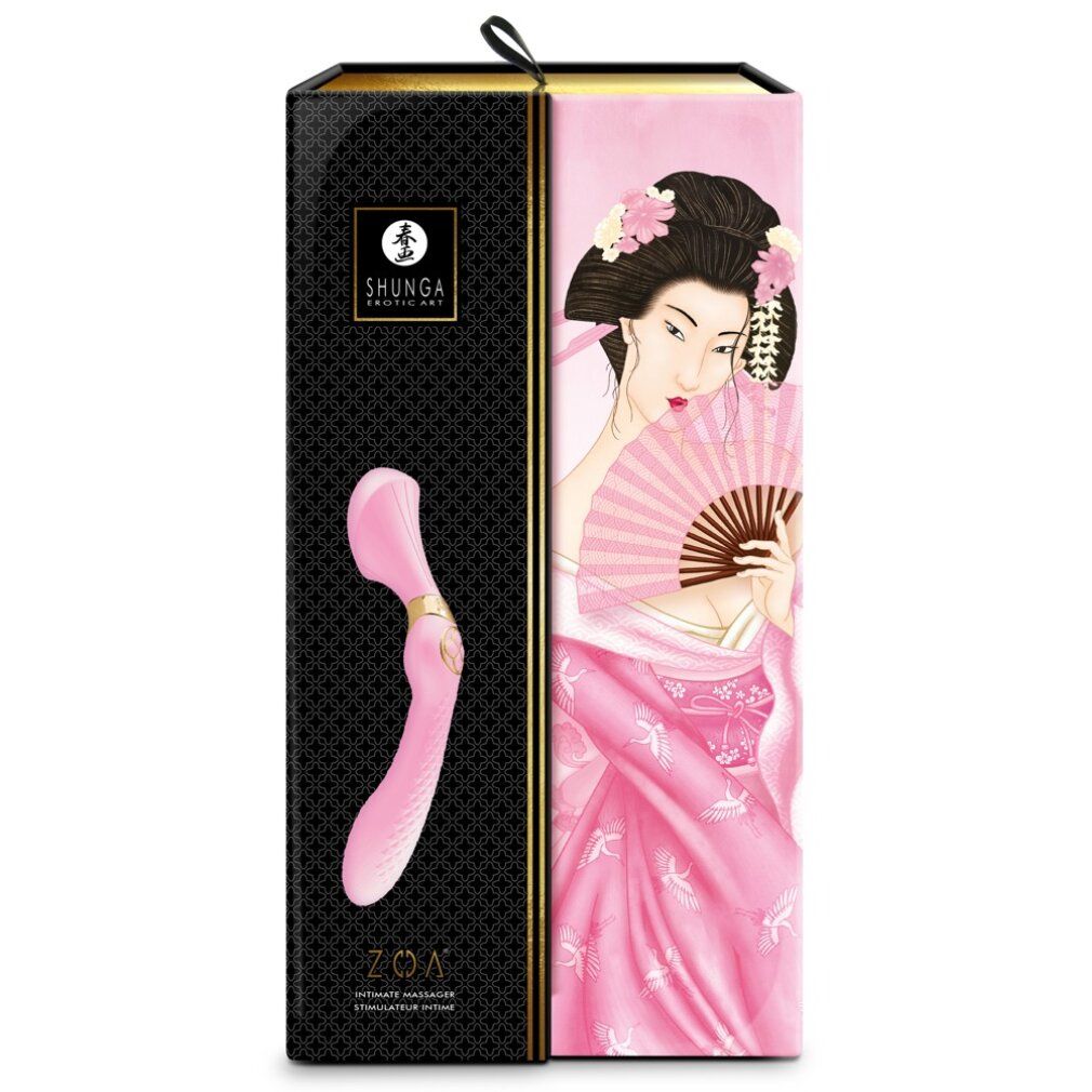 Rosa Stimulator in Verpackung. Geisha-Illustration. Produktname und Logo sichtbar. Auf weißem Hintergrund.