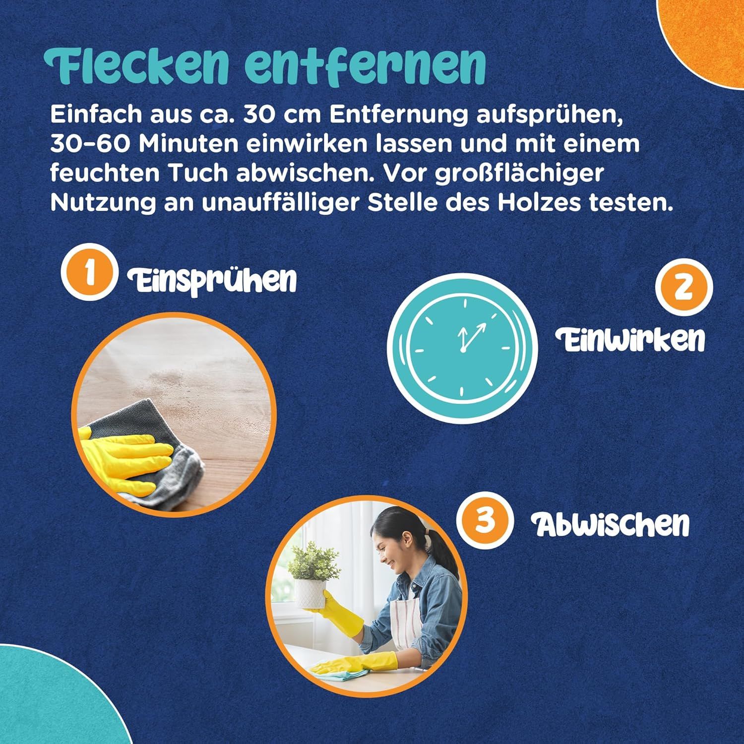 Anleitung zur Fleckenentfernung. 1. Einsprühen. 2. Einwirken. 3. Abwischen. Bilder: Handschuhe, Uhr, Frau wischt. Text: Flecken entfernen.