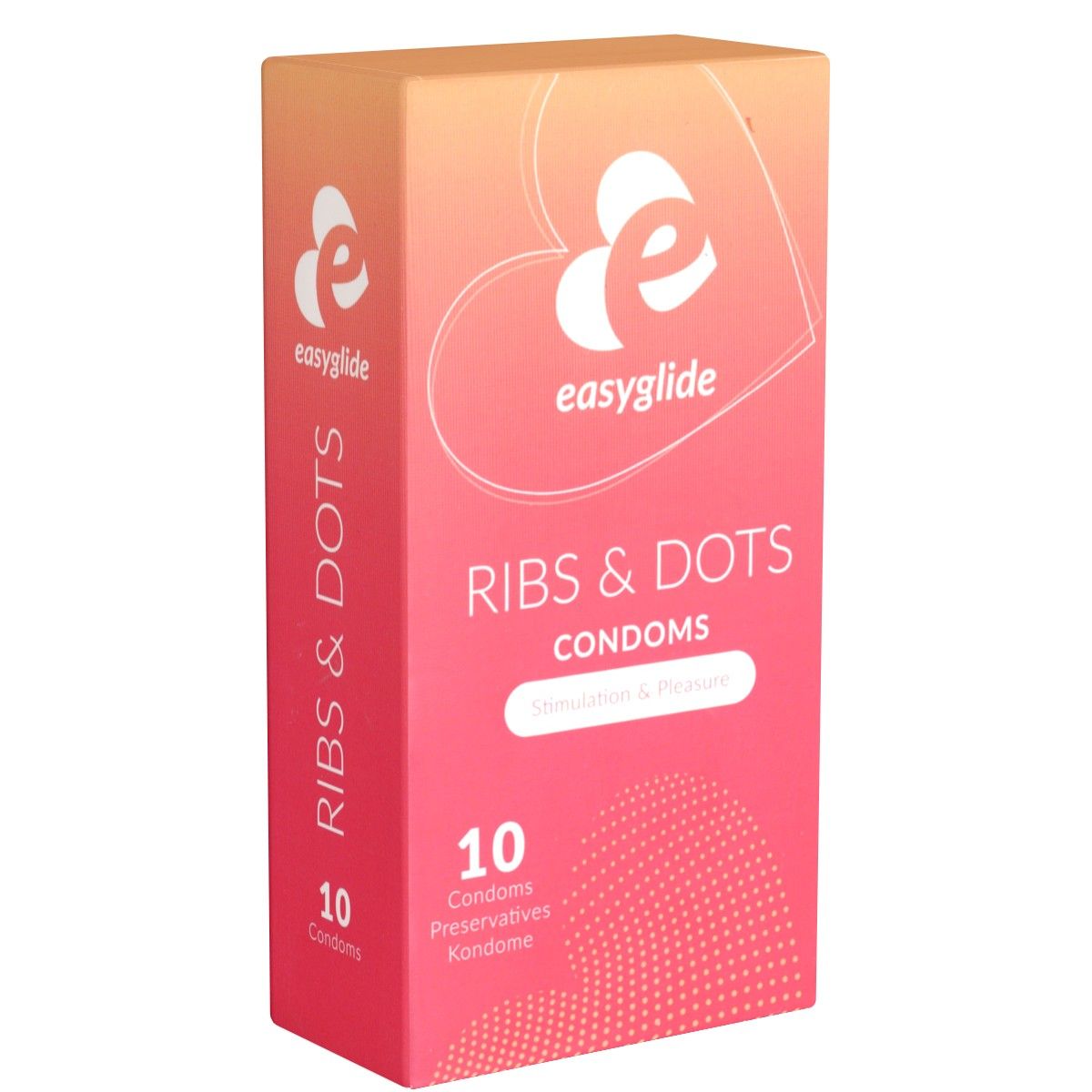 Verpackung mit Kondomen. Aufschrift: Ribs & Dots, 10 Kondome. Marke: easyglide. Rosa und orangefarbene Schachtel mit Herz-Design.