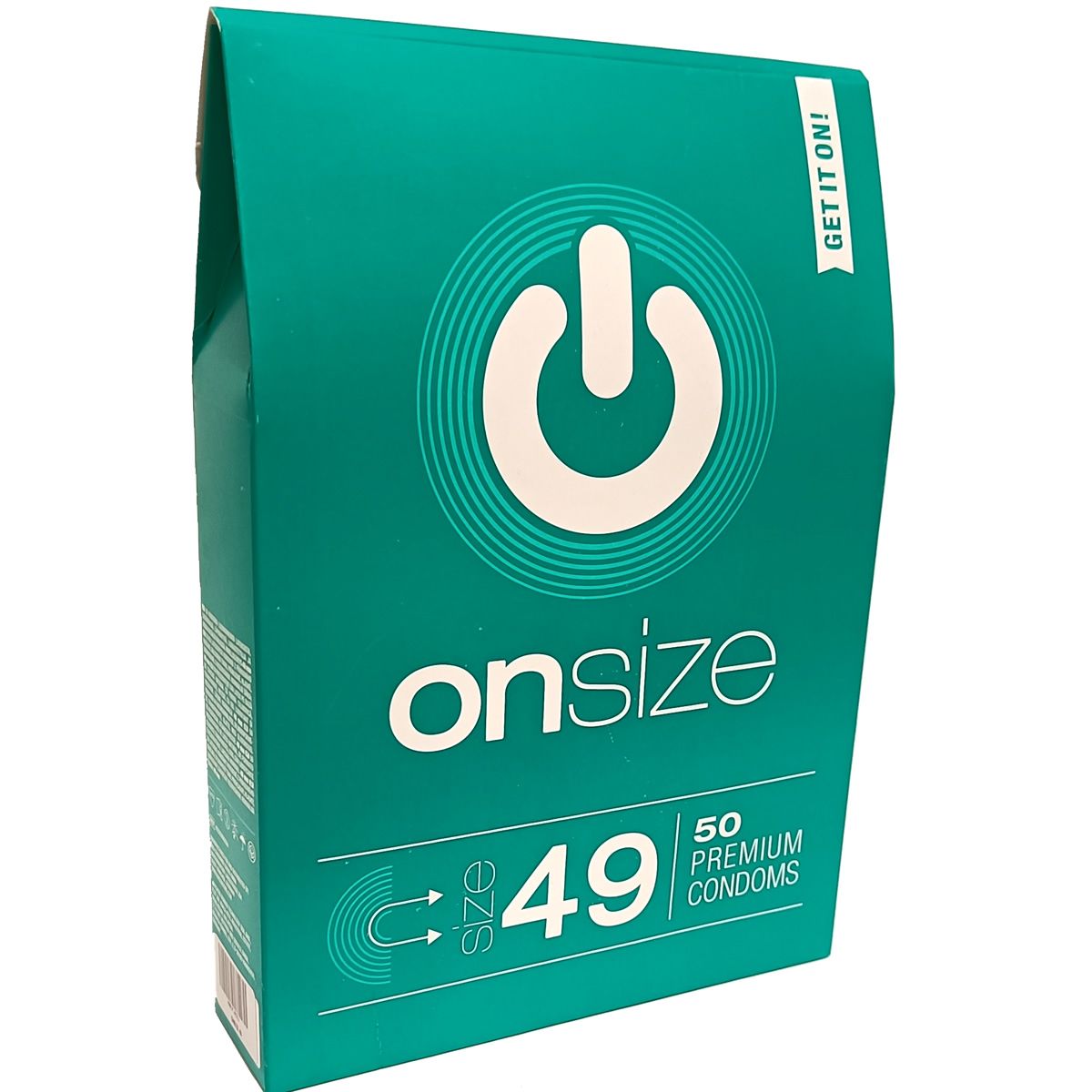 Grüne Verpackung mit weißem Logo und Schriftzug „onsize“. Enthält 50 Premium Kondome, Größe 49. Aufschrift „Get it on!“.