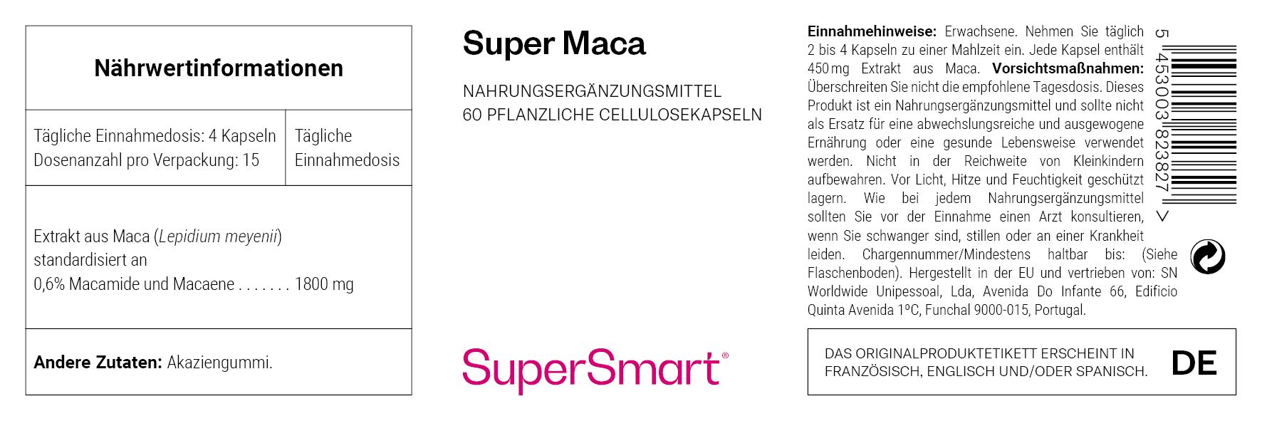 Etikett von Super Maca. Enthält 60 pflanzliche Zellulosekapseln. Informationen zu Inhaltsstoffen und empfohlener Dosierung.