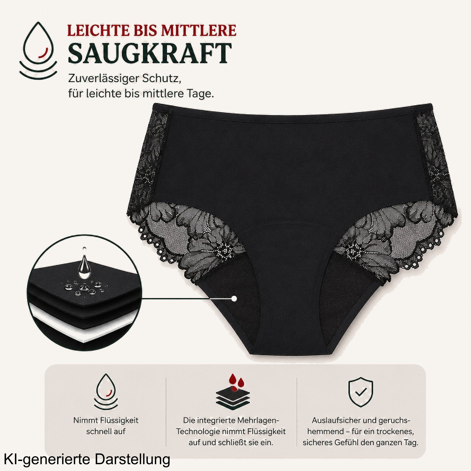 Schwarze Periodenunterhose mit seitlicher Spitze und Saugkraft-Technologie-Diagramm.