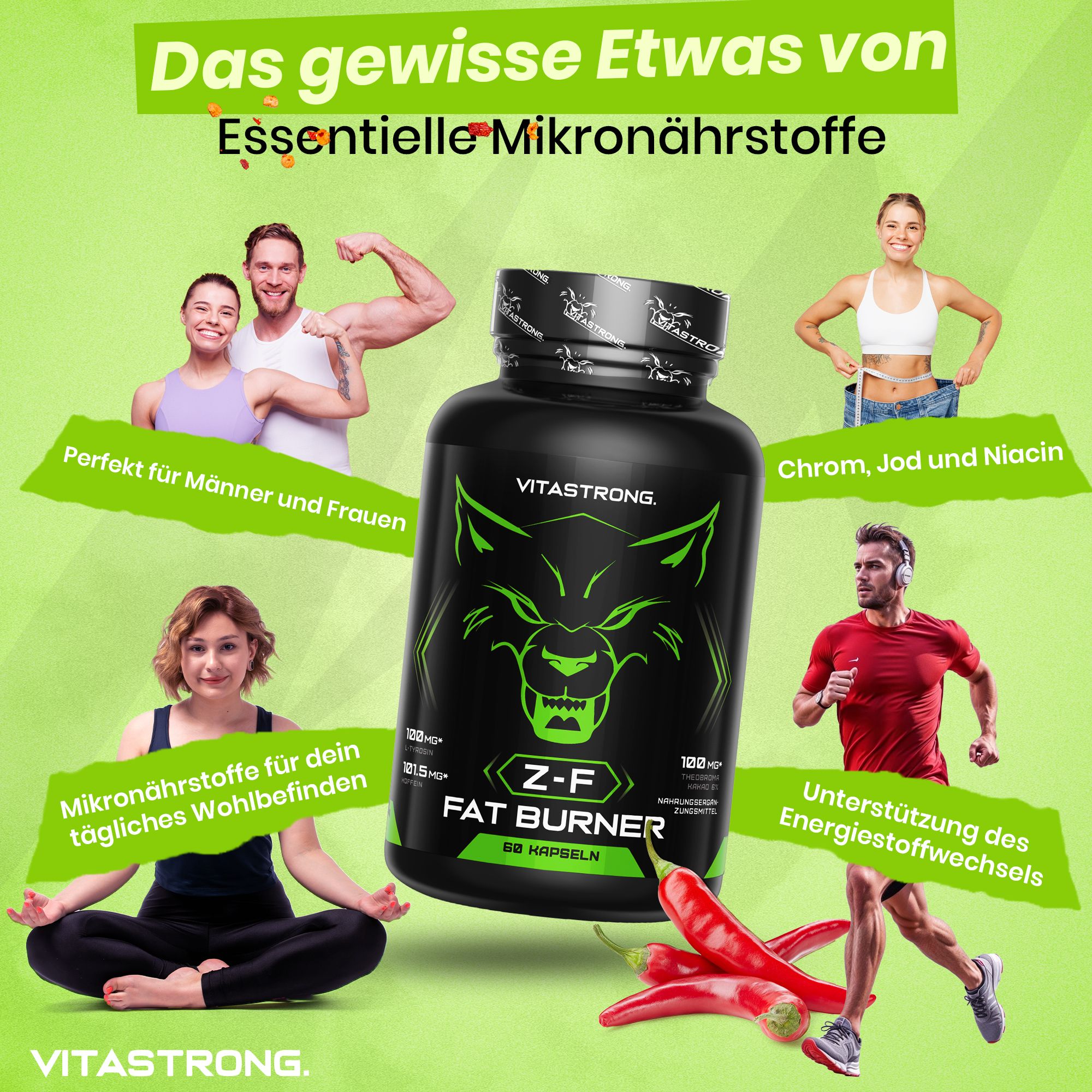 Vitastrong Z-F Fat Burner. Dose mit Personen, die trainieren. Enthält Mikronährstoffe.