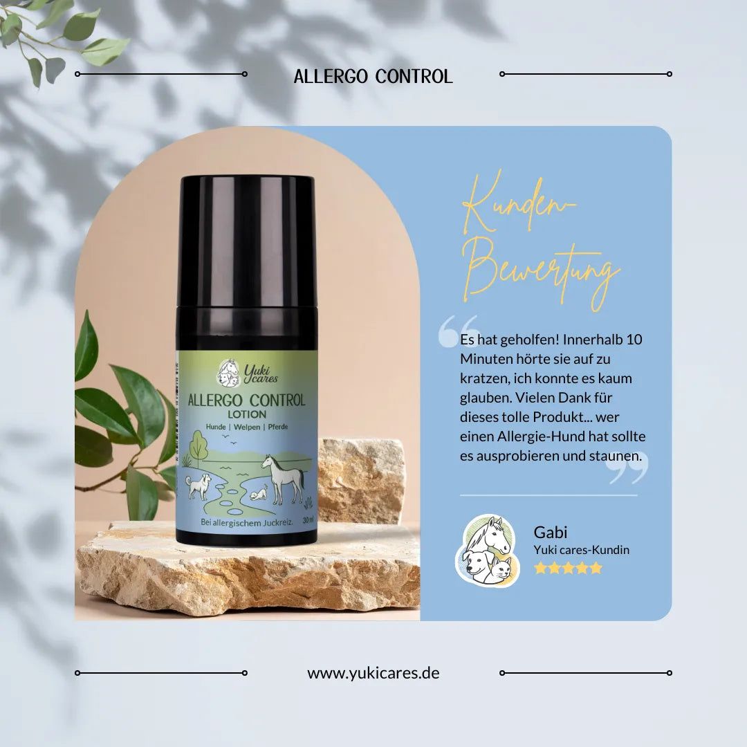 Lotion-Flasche auf Stein. Text: Allergo Control. Kundenbewertung. Zitat: Es hat geholfen! Gabi, Yuki cares-Kundin, 5 Sterne.