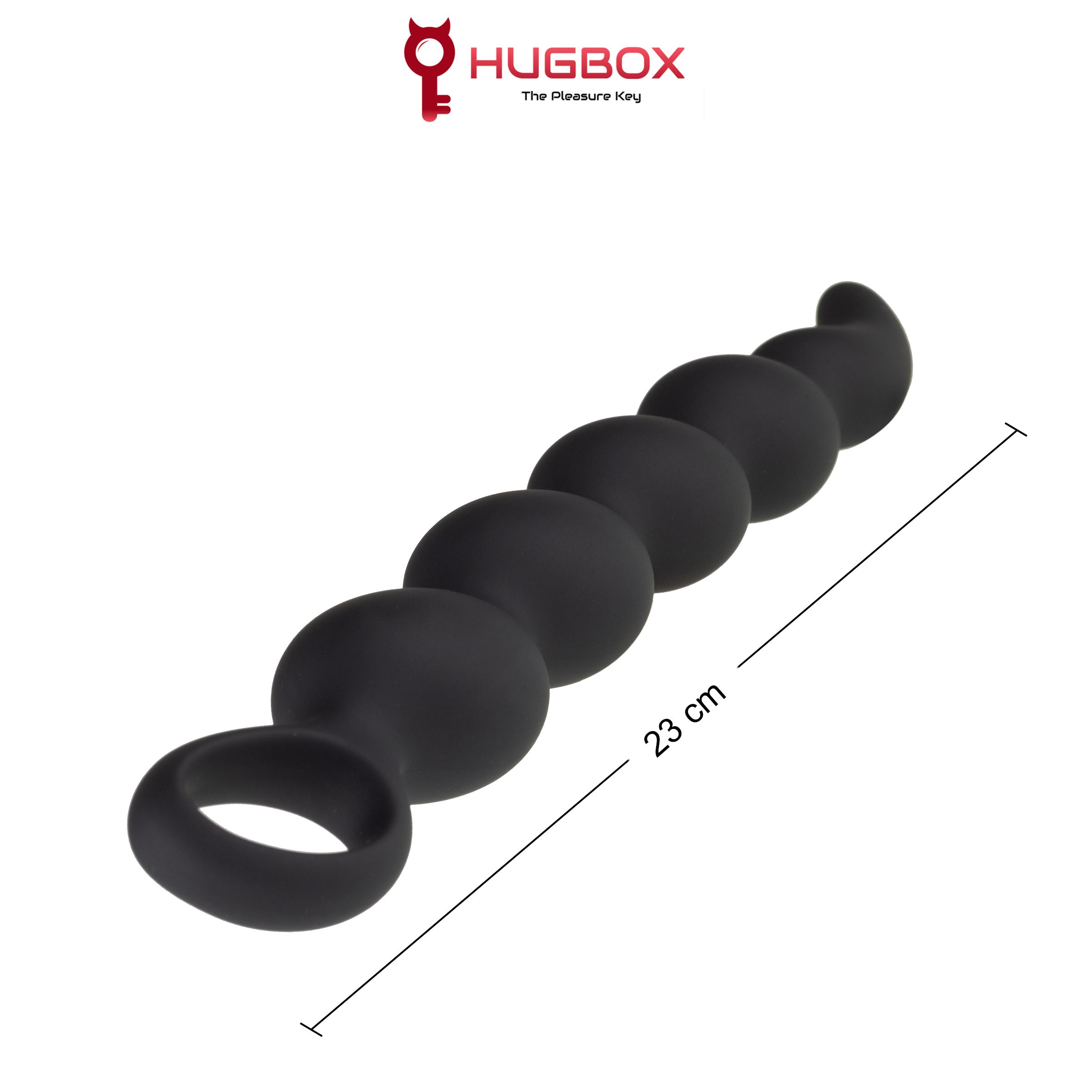 Schwarzes Wellness-Produkt mit spiralförmigem Design, sechs Kugeln und Ring. Text: HUGBOX The Pleasure Key, 23 cm.