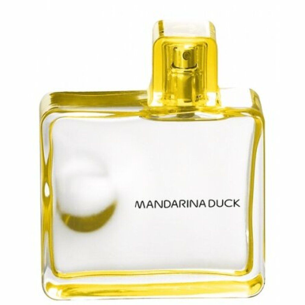 Klarer Flakon mit gelbem Verschluss. Mandarina Duck Logo auf dem Flakon. Quadratische Form.