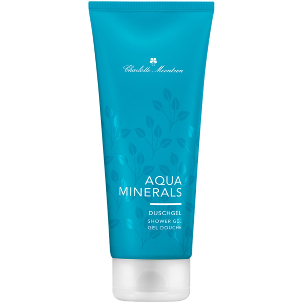 Türkisfarbene Tube mit weißem Verschluss. Produktname Aqua Minerals und Text Duschgel. Charlotte Meentzen Logo.