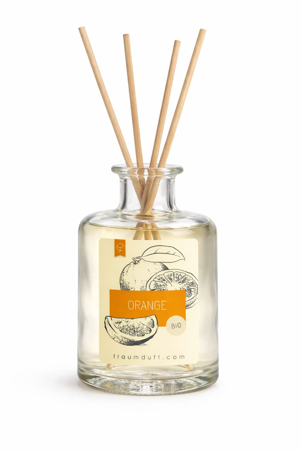 Glasflakon mit Peddigrohr-Stäben. Etikett mit Orange-Illustration und Schriftzug "ORANGE BIO".