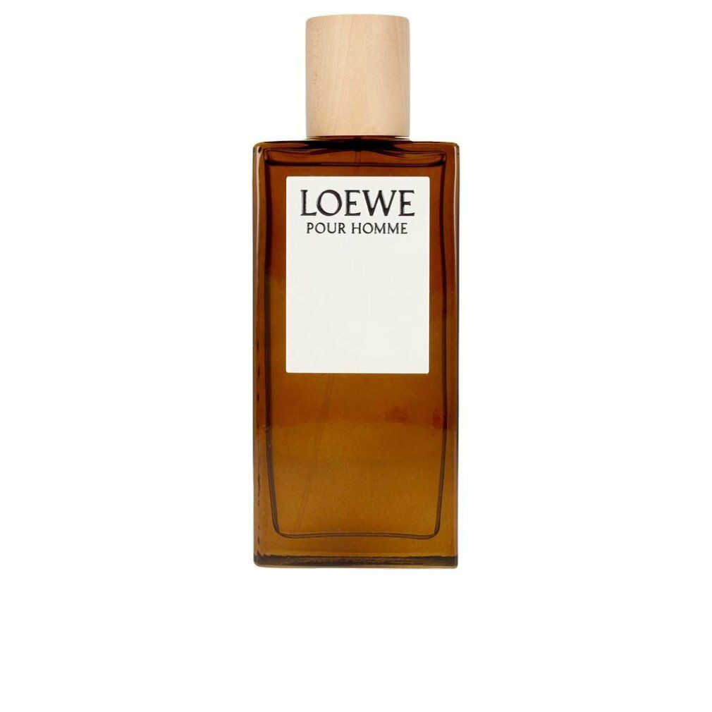 Braune Glasflasche mit Holzdeckel und weißem Etikett. Aufschrift: LOEWE POUR HOMME.