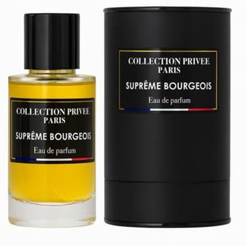 Parfümflasche und schwarze zylindrische Verpackung. Etikett mit Text: Collection Privée Paris, Suprême Bourgeois, Eau de parfum. Französische Flagge.