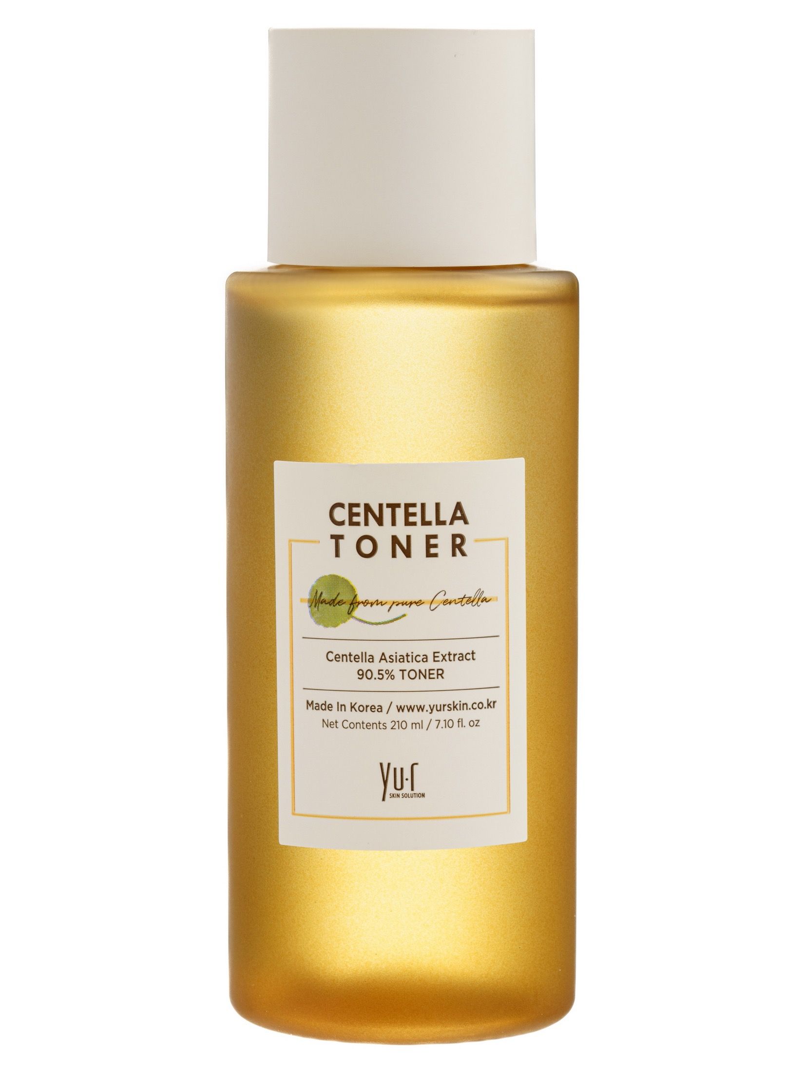 Goldfarbene Flasche mit weißem Deckel und Etikett. Etikett mit Text: Centella Toner, Centella Asiatica Extract, 90.5% Toner. Yu.r Logo.