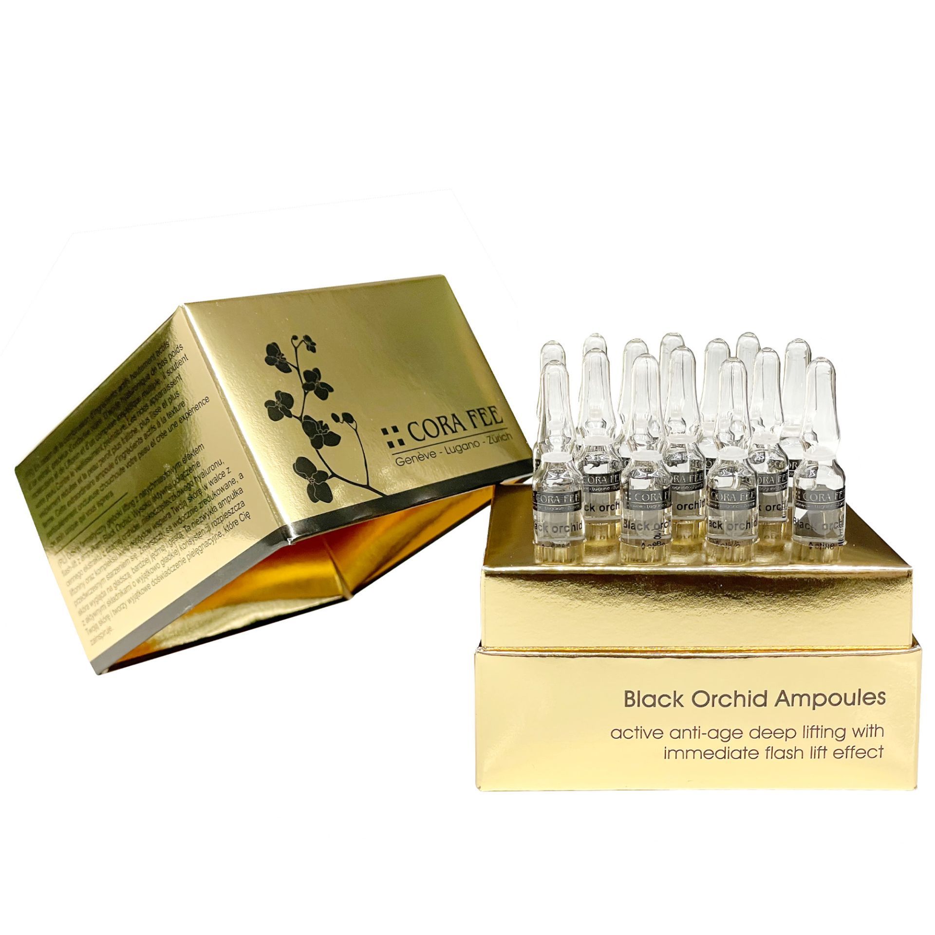 Goldfarbene Schachtel mit Ampullen. Geöffnet, zeigt Ampullen und Text: Black Orchid Ampoules, Cora Fee.