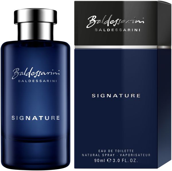 Blauer Flakon und Verpackung. Flakon mit silbernem Verschluss. Aufschrift: Baldessarini Signature. Verpackung mit Logo und Produktbezeichnung.