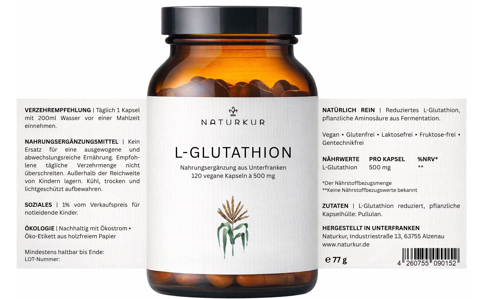 Naturkur L-Glutathion: Braunglasflasche mit 120 veganen Kapseln à 500 mg. Enthält reduzierte L-Glutathion-Aminosäuren aus Fermentation.