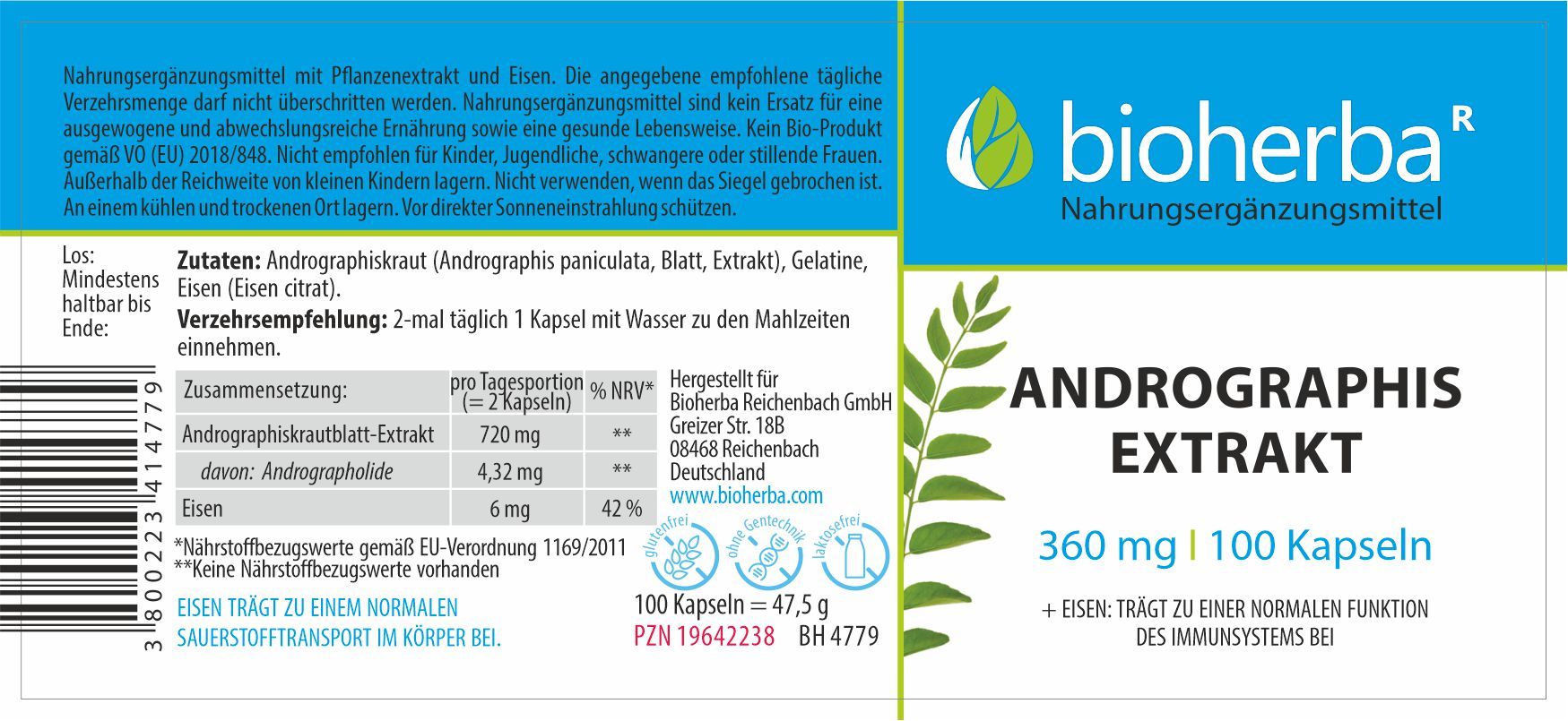 Andrographis Extrakt 360 mg 100 Kapseln PZN 19642238