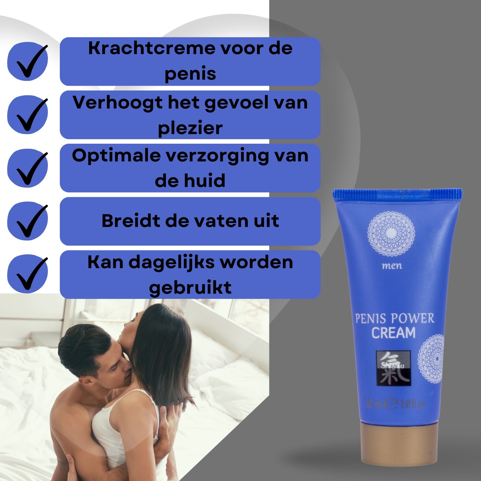 Blauwe tube met naam en logo. Tekst: Penis Power Cream. Merk: Shiatsu. 30 ml. Koppel op achtergrond.