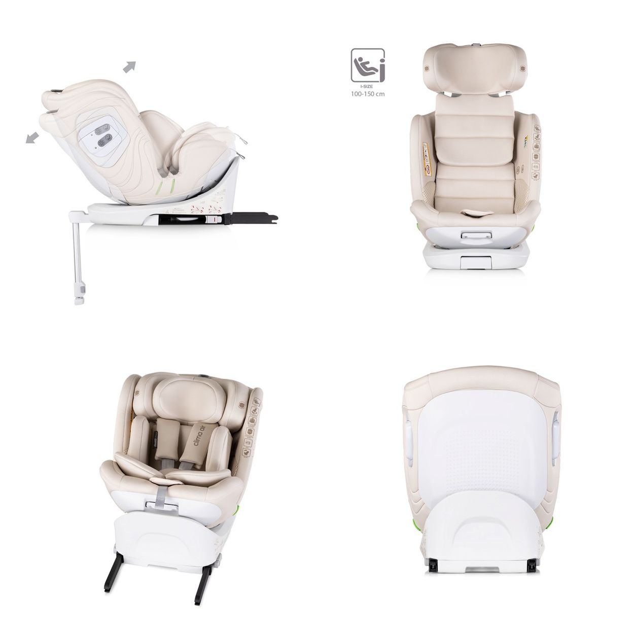 Vier Ansichten eines schwarzen Kindersitzes mit Isofix-Befestigung.