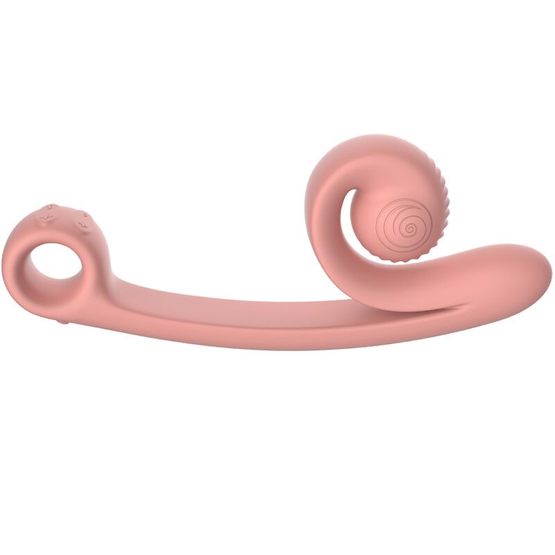 Rosa Wellness-Produkt mit spiralförmigem Kopf und Ring. Oberflächenstruktur am Kopf. Glatte, gebogene Form.