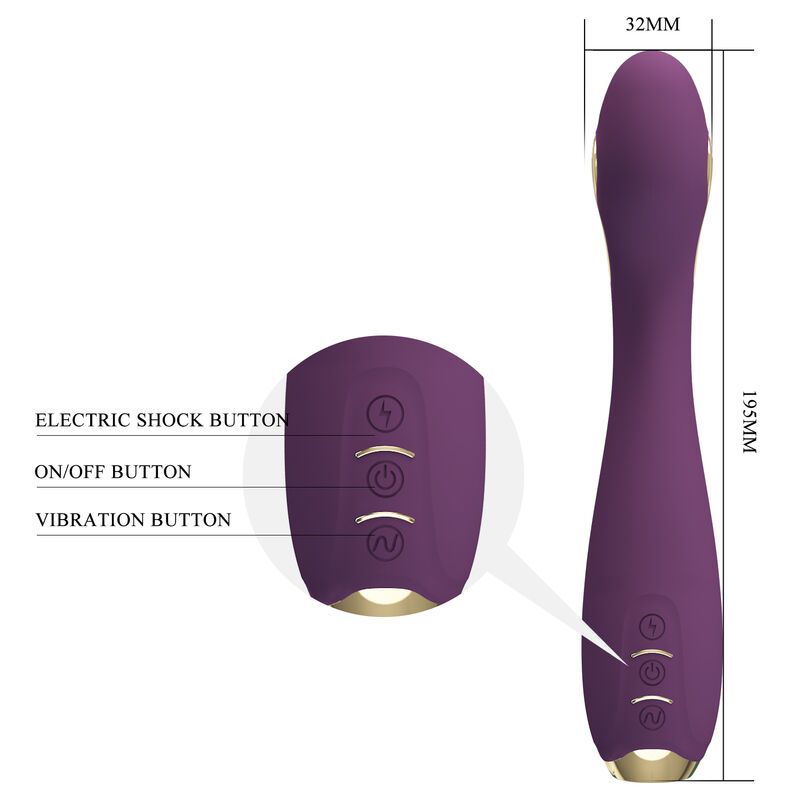 Lila Vibrator mit goldfarbenen Akzenten. Maße: 195mm x 32mm. Beschriftung: Electric Shock, On/Off, Vibration.