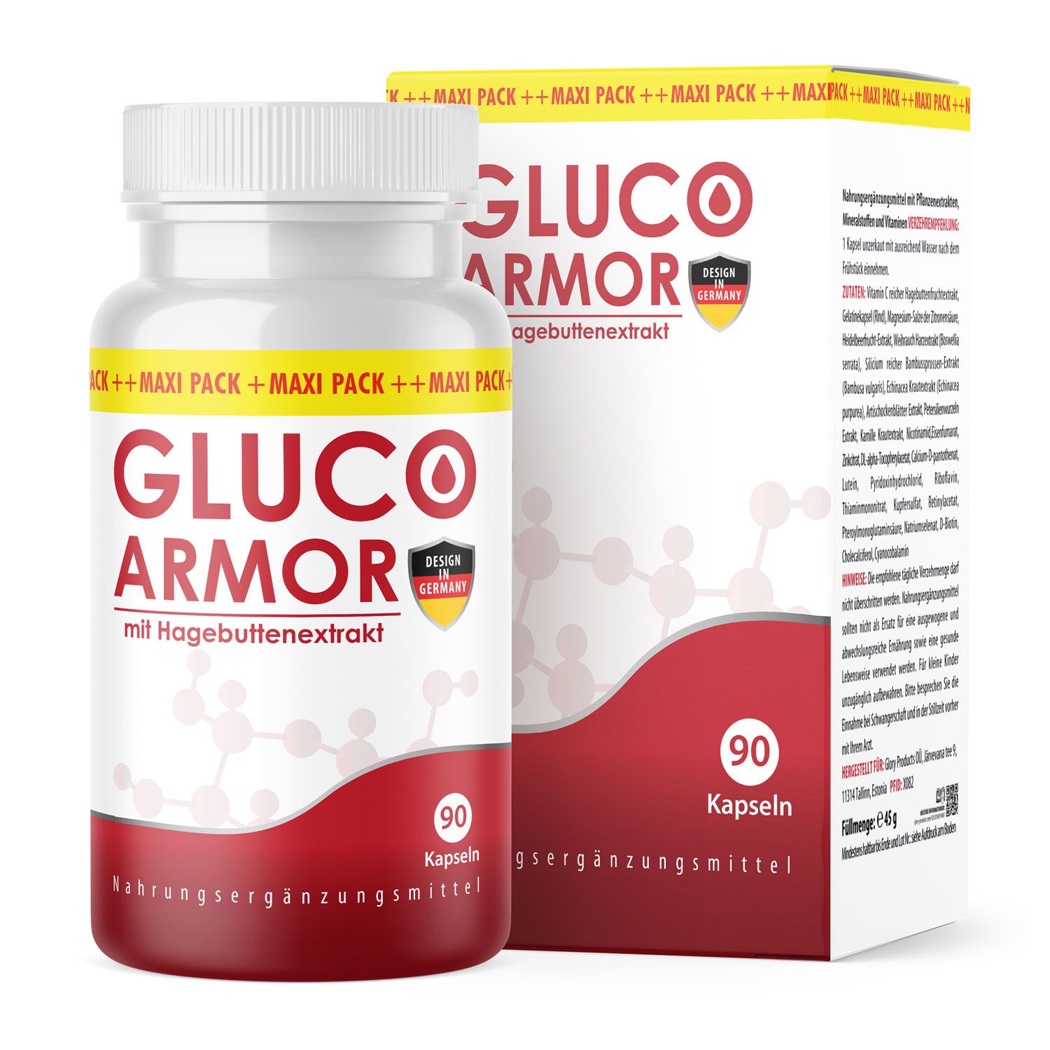 Weiße Flasche mit roten und weißen Etiketten. Aufschrift: GLUCO ARMOR mit Hagebuttenextrakt. 90 Kapseln. Karton mit Produktinformationen.