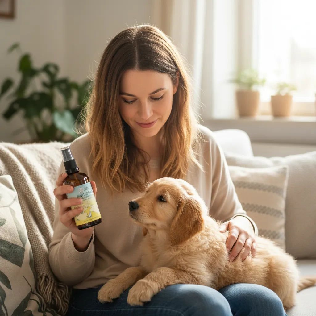Frau hält braune Sprühflasche. Golden Retriever-Welpe sitzt auf Schoß. Produktetikett sichtbar.