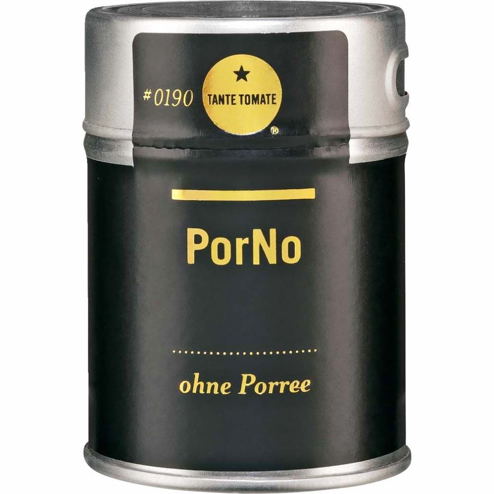 Zylindrische Dose mit silbernem Deckel. Schwarzes Etikett mit gelbem Text: PorNo, ohne Porree. Oben: Tante Tomate Logo.