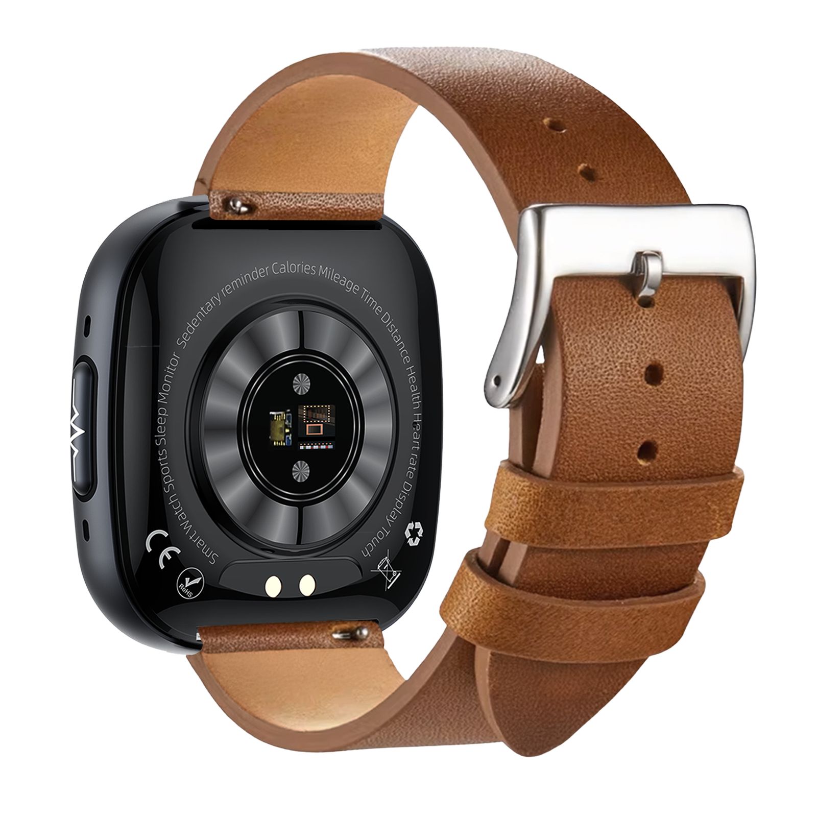 Smartwatch mit braunem Lederarmband. Schwarzes Gehäuse, silberne Schnalle. Rückseite mit Sensoren und Text.