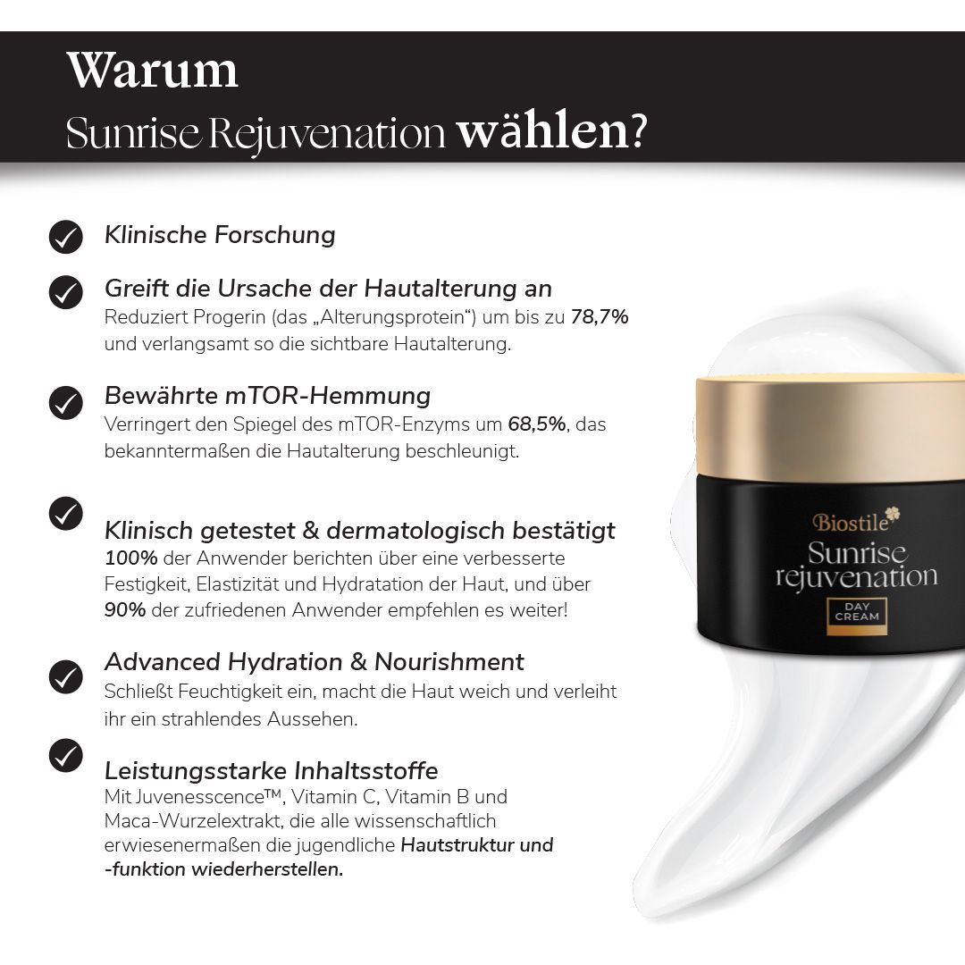 Tiegel mit Biostile Sunrise Rejuvenation Day Cream. Text: Warum Sunrise Rejuvenation wählen?