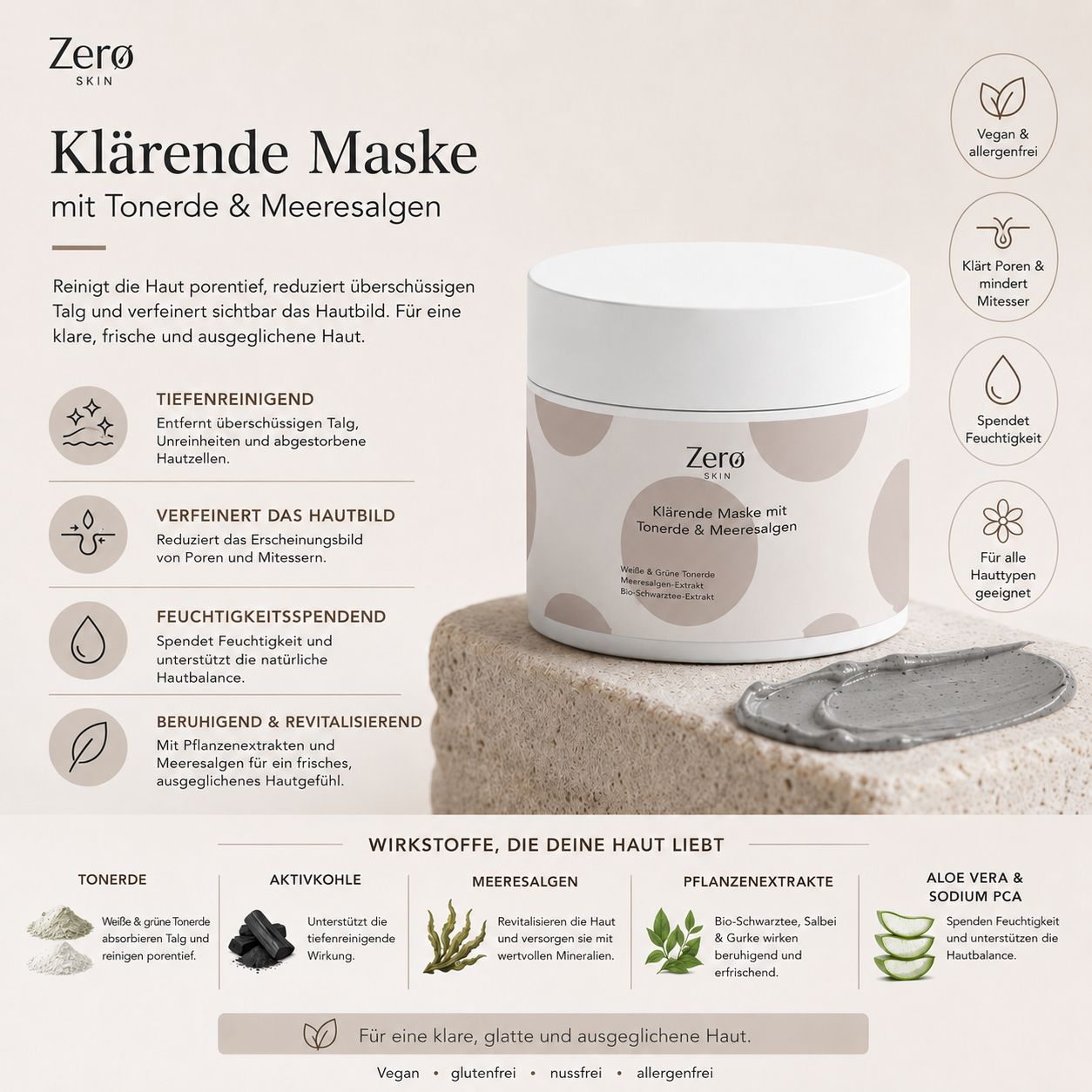 Zero Skin Klärende Maske mit Tonerde & Meeresalge, verfeinert Poren und klärt die Haut