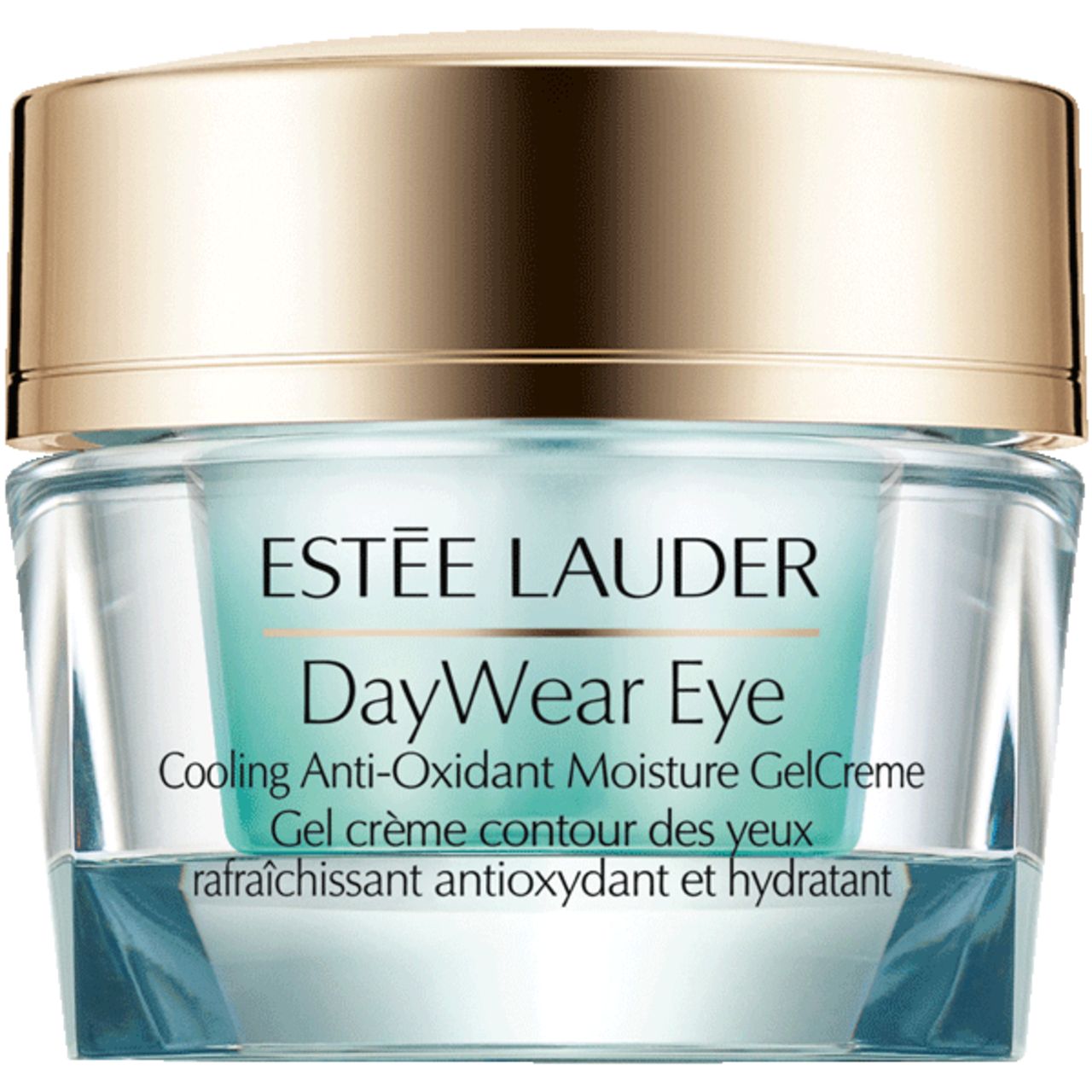 Estée Lauder DayWear Eye Gel-Creme. Glasbehälter mit goldfarbenem Deckel. Text: DayWear Eye, Cooling Anti-Oxidant Moisture GelCreme.