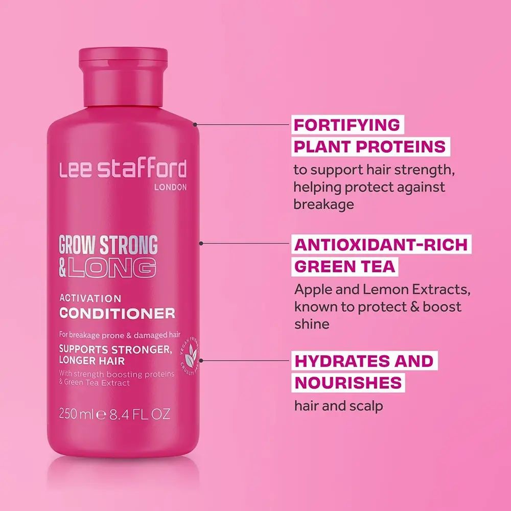Rosa Flasche 'Grow Strong & Long Conditioner'. Text: 'Fortifying Plant Proteins', 'Antioxidant-Rich Green Tea', 'Hydrates and Nourishes'.