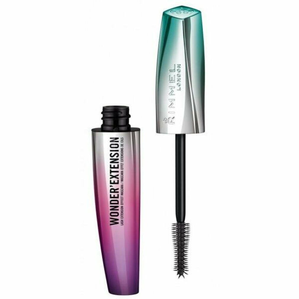 Geöffnete Rimmel London Wonder'Extension Mascara. Bürste und Behälter mit Farbverlauf.