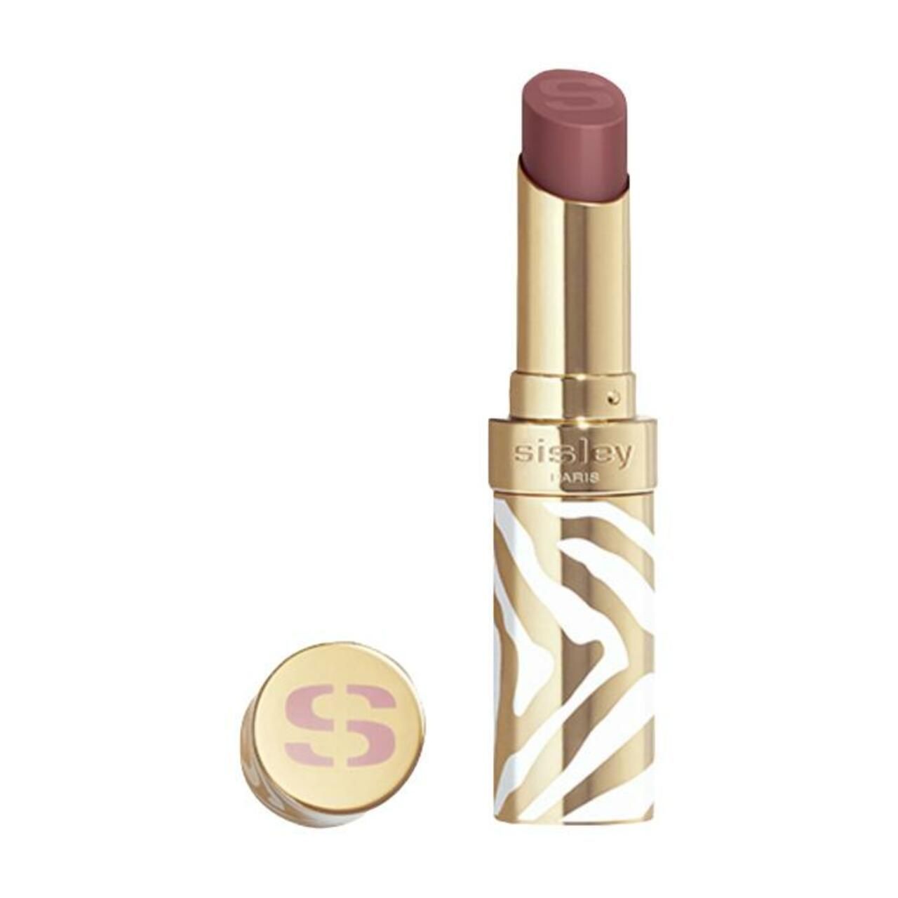 Lippenbalsam mit goldfarbenem Gehäuse und Zebra-Muster. Deckel daneben. Marke Sisley.