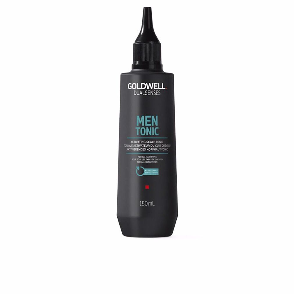 Schwarze Flasche mit schwarzem Applikator. Goldwell Dualsenses Men Tonic. Text: Activating Scalp Tonic. 150ml.
