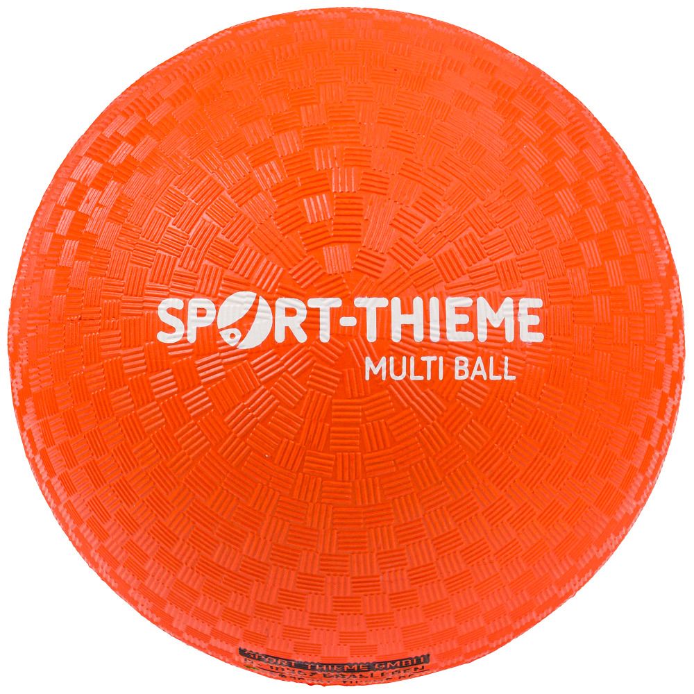 Oranger Ball mit Sport-Thieme Logo und Multi Ball Schriftzug. Strukturierte Oberfläche.