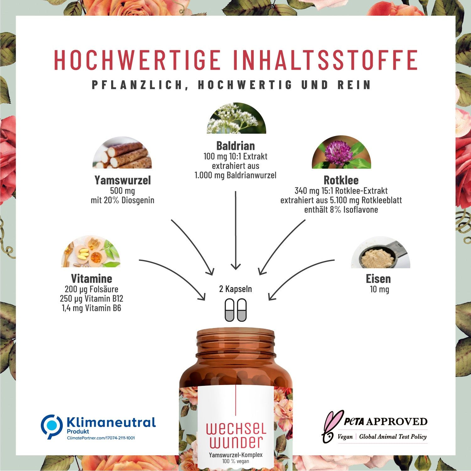 Wechseljahre Komplex mit Yams & Rotklee, Baldrian, Eisen - hochdosiert - Wechselwunder - NATURTREU®