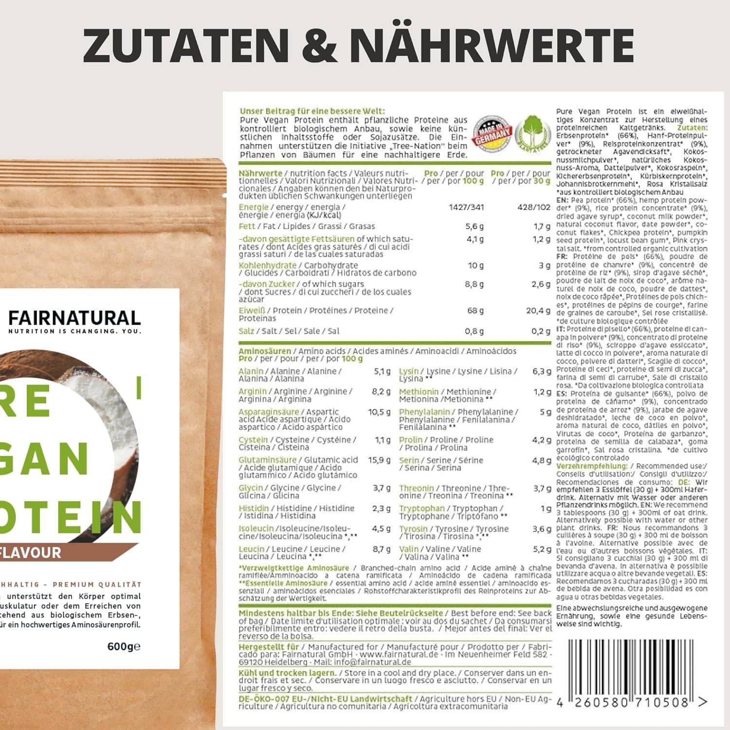 Nährwerttabelle und Zutatenliste auf Verpackung. FAIRNATURAL Bio Vegan Protein. 600g. Text in Deutsch und Englisch.