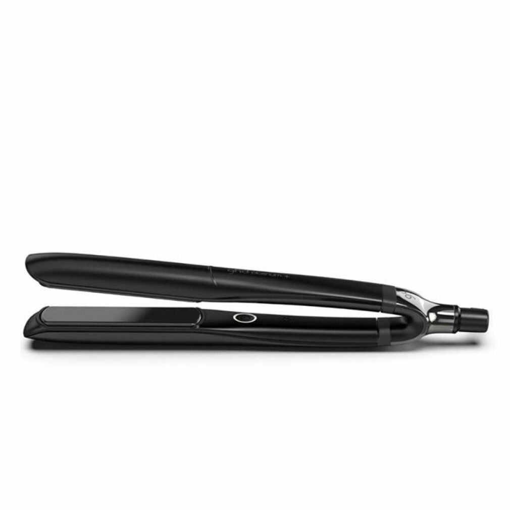 GHD PLATINUM PLUS schwarz. Schwarzes Glätteisen, geöffnet. Silberne Details. Schwarzes Kabel.