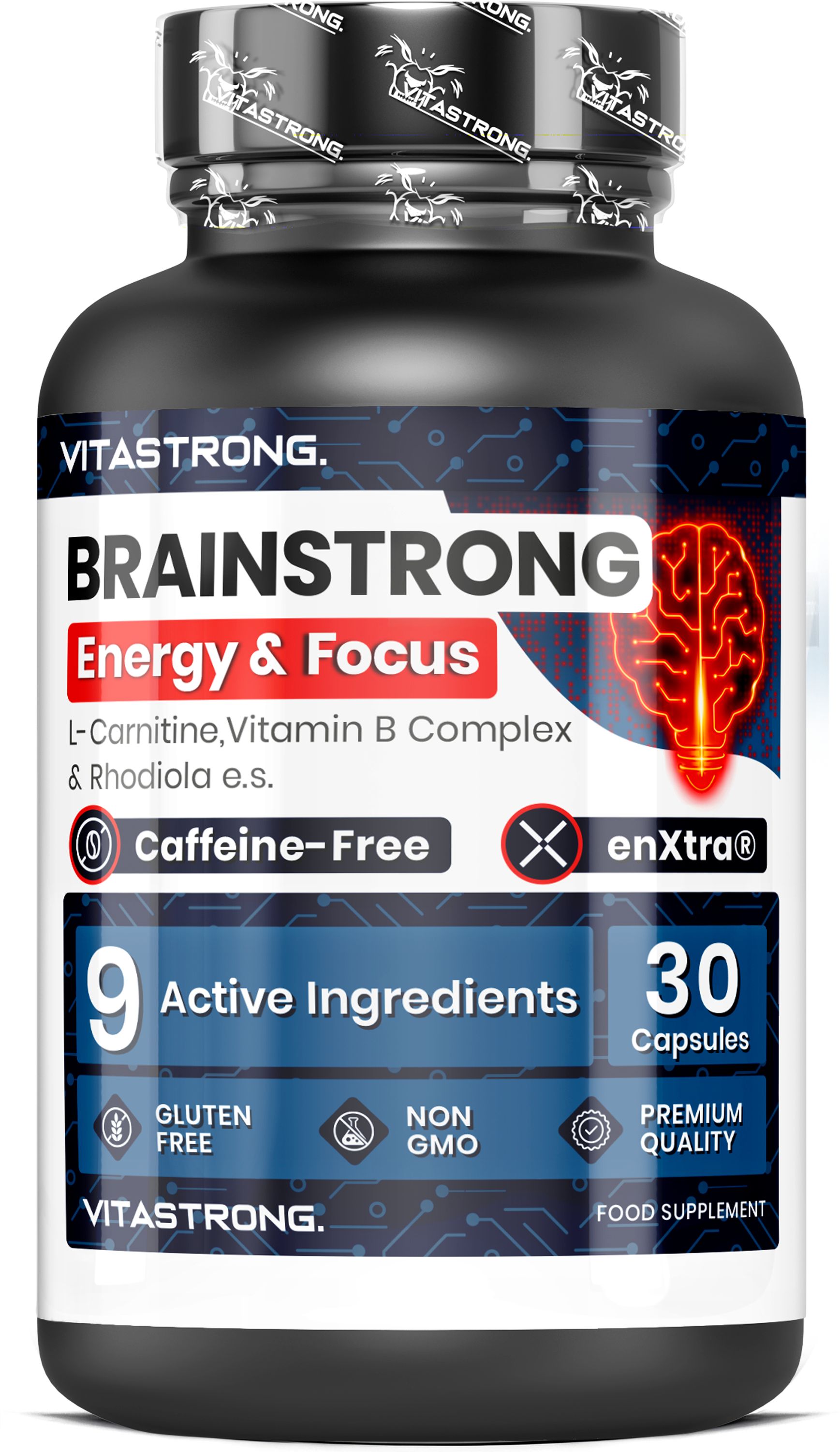 Vitastrong Brainstrong Kapsel-Verpackung mit Fokus auf Energie und Konzentration.