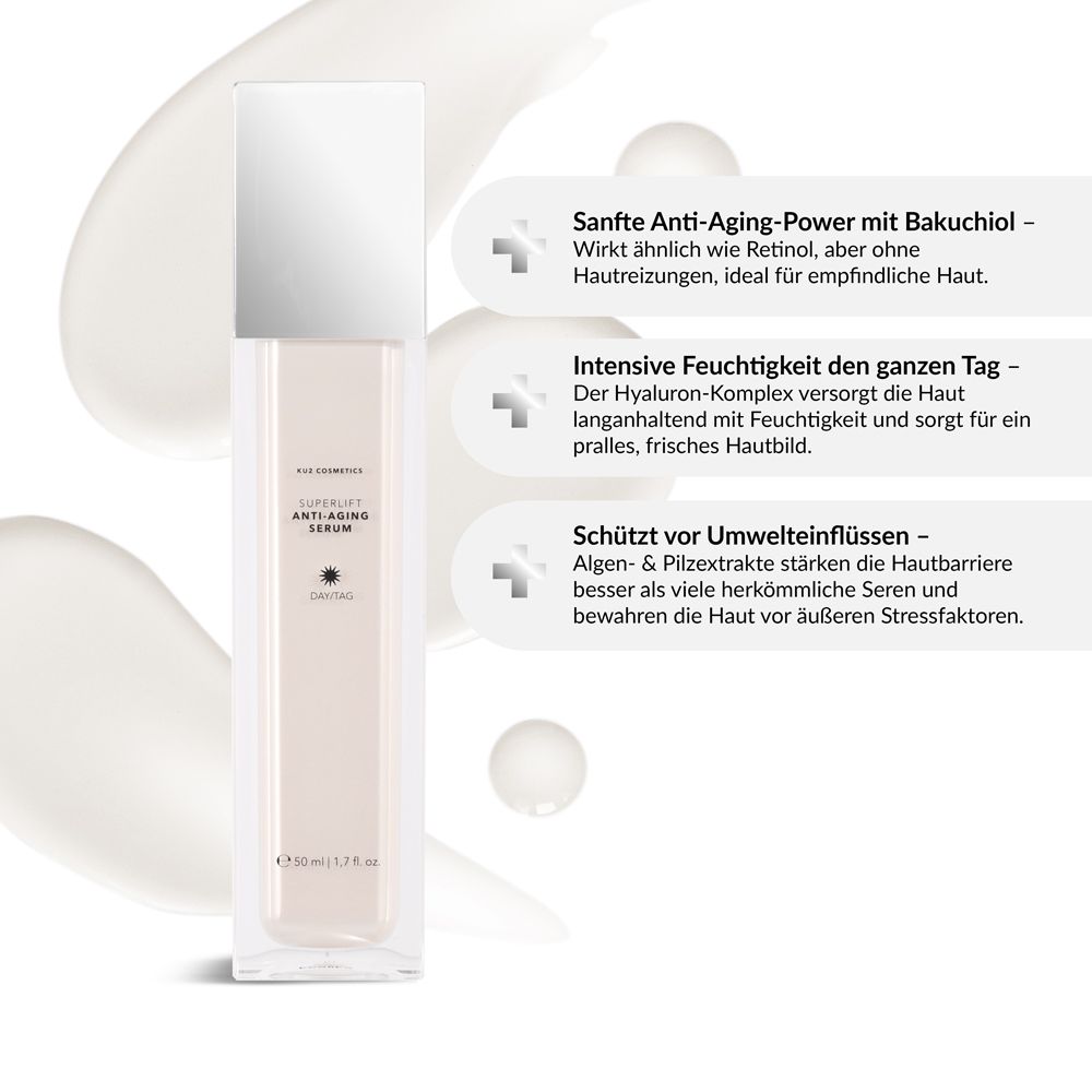 Serumflasche mit silbernem Deckel. Aufschrift: Superlift Anti-Aging Serum. Zertifizierungslogo. Text über Vorteile.