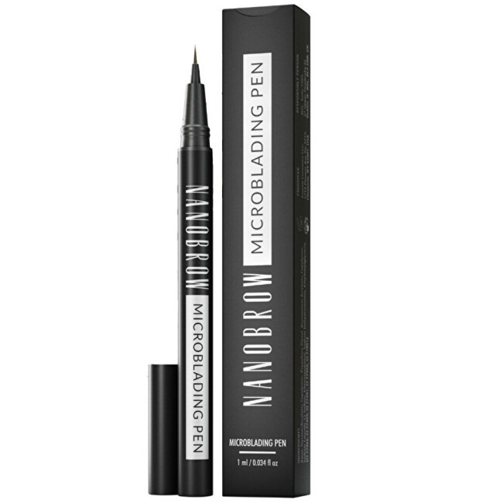 Nanobrow Microblading Pen Warm Brown. Stift mit Kappe und Umverpackung, Nahaufnahme.