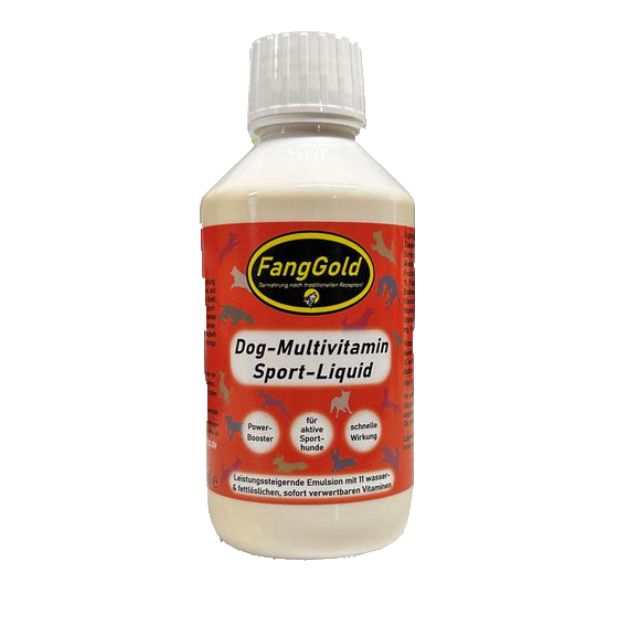 Flasche mit FangGold Dog-Multivitamin Sport-Liquid. Weißes Getränk mit rotem Etikett. Text: Power-Booster, für aktive Sporthunde, schnelle Wirkung.