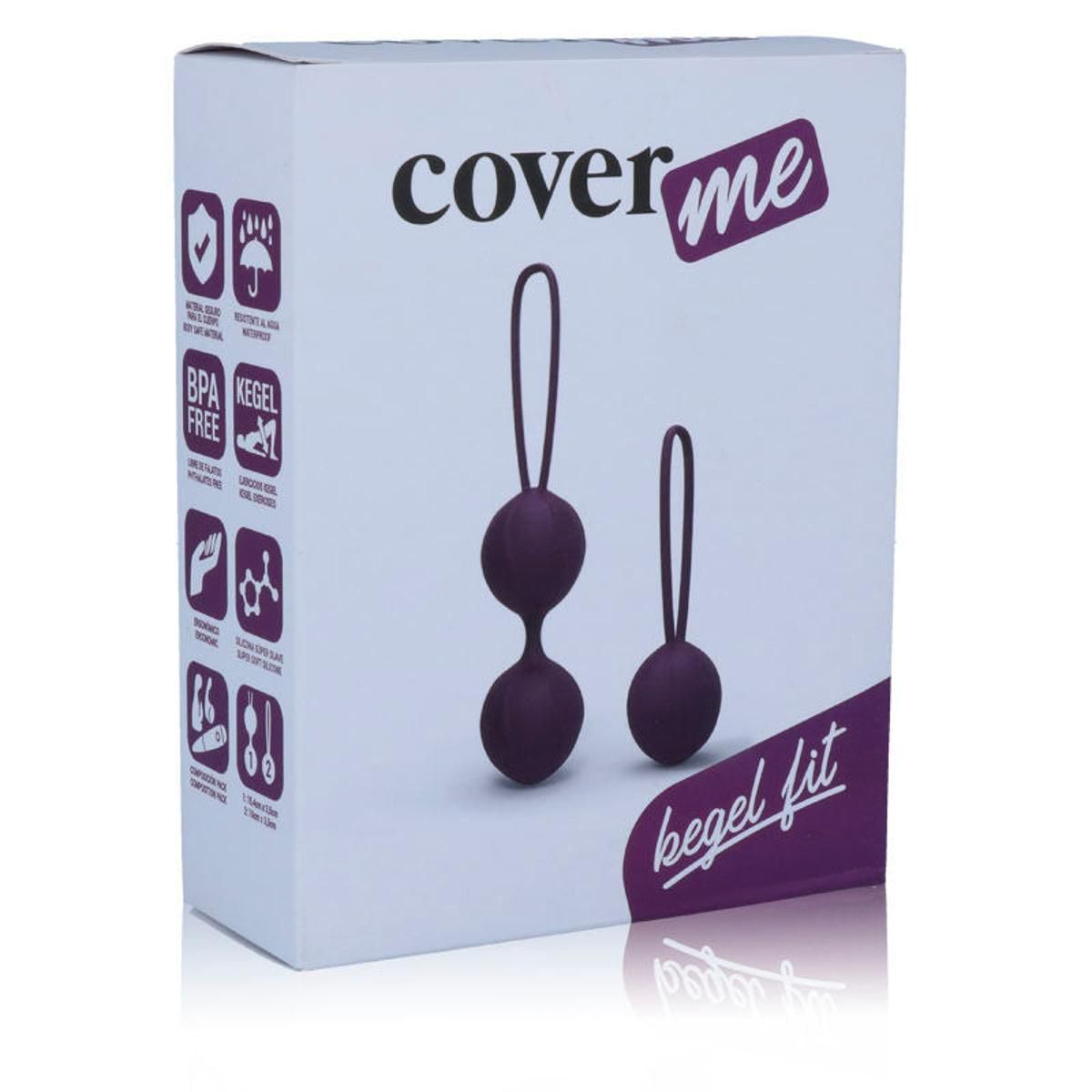 Verpackung mit zwei Kegel-Kugeln. Auf der Verpackung steht "cover me" und "kegel fit". Lila Kugeln mit Schlaufen.