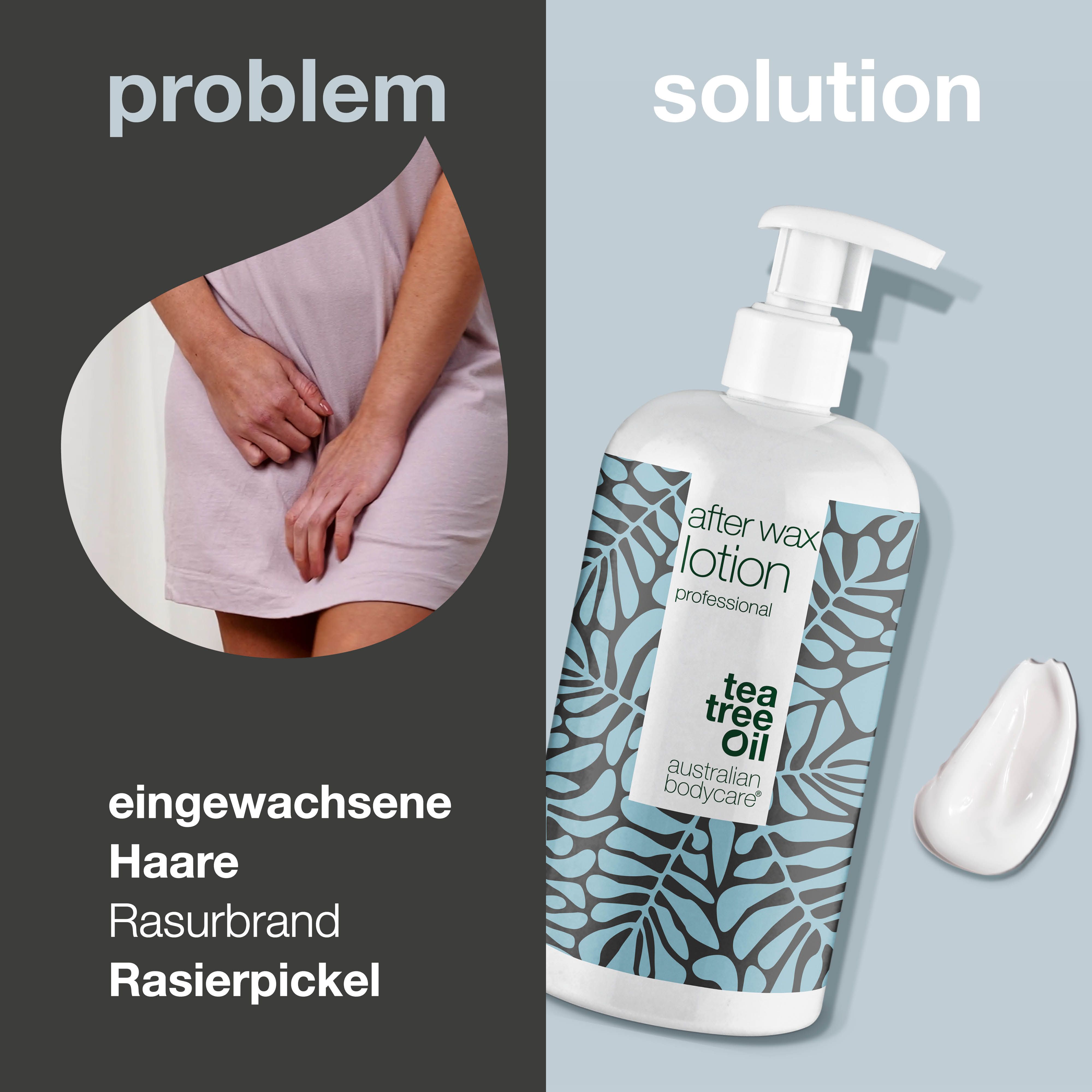 Produktflasche und Hautpartie. Text: eingewachsene Haare, Rasurbrand, Rasierpickel. Lösung: After Wax Lotion.