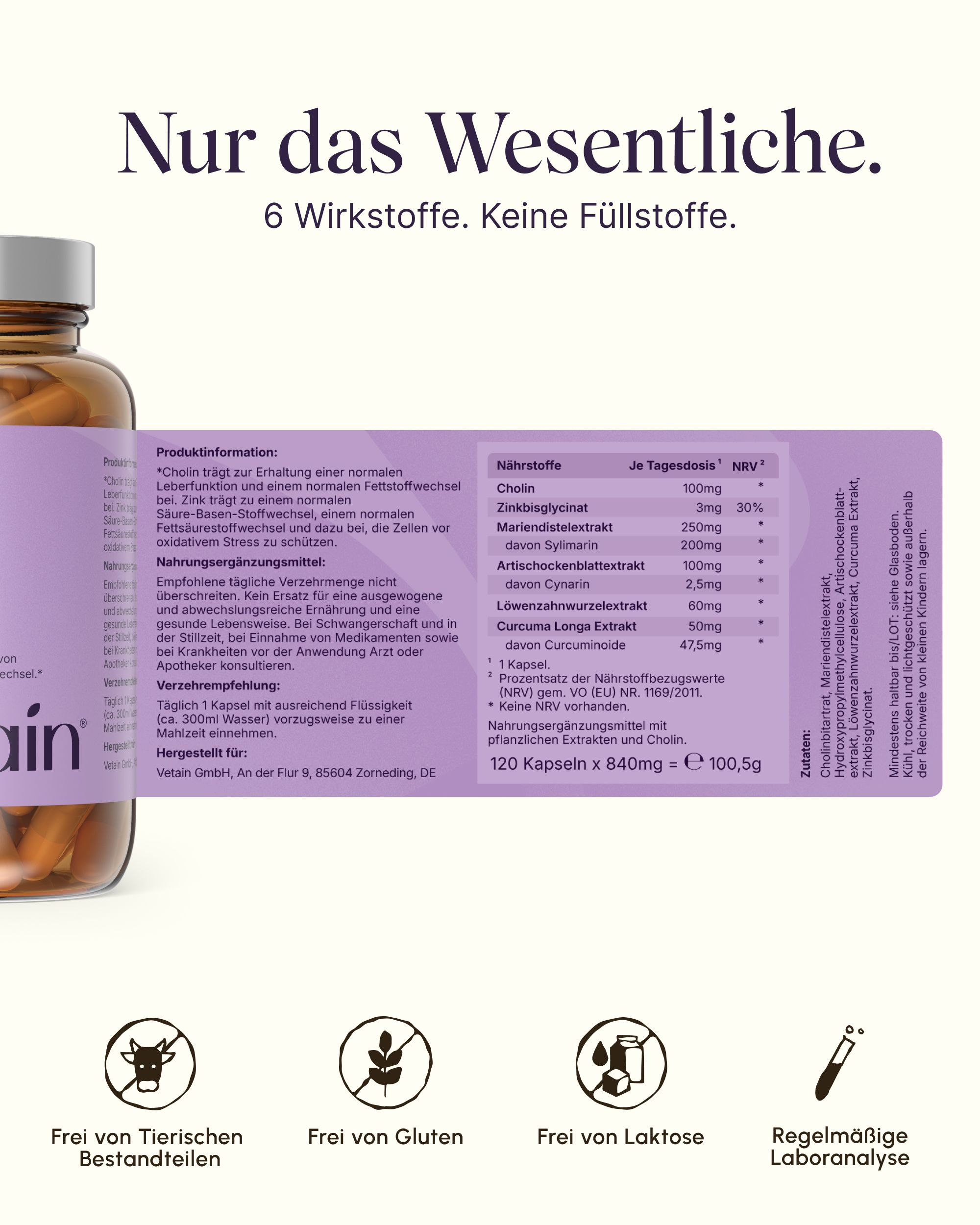 VETAIN Leber Komplex hochdosiert - 6 fach Leberkur mit Mariendistel, Cholin, Artischock - Testsieger