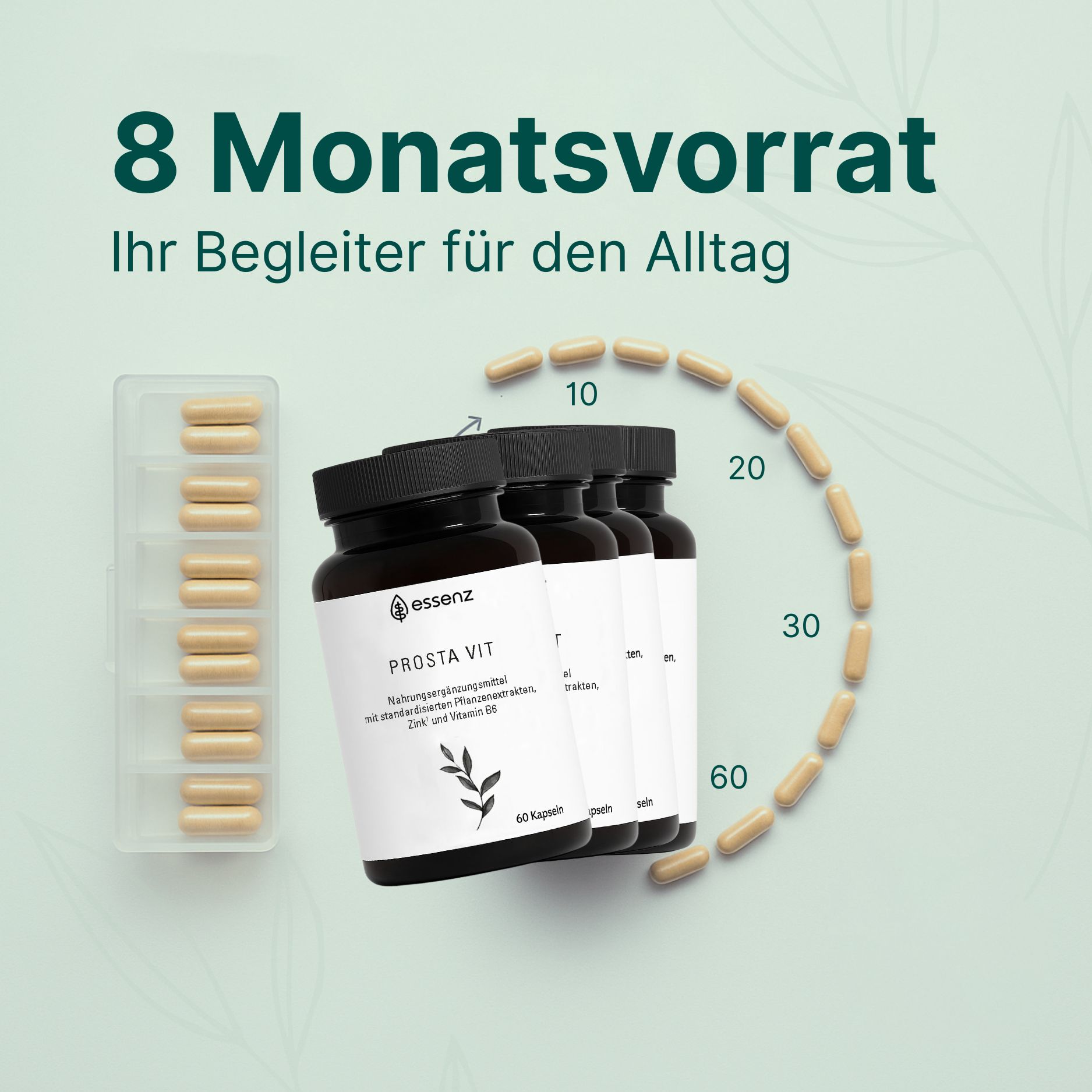 Drei Flaschen mit Kapseln, eine Pillenbox mit Kapseln. Text: 8 Monatsvorrat. ESSENZ PROSTA VIT. 60 Kapseln.