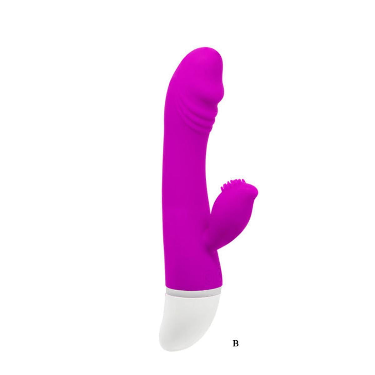 Lila Vibrator mit weißem Sockel. Form: gebogen, mit Zungen- und Klitoris-Stimulator. Aufschrift: Pretty Love.