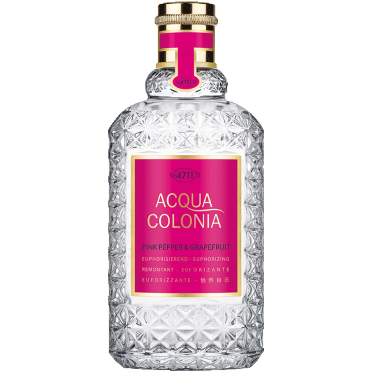 Acqua Colonia Flakon. Rosa Etikett mit Schriftzug. Transparenter Flakon mit geometrischem Muster. Goldfarbener Verschluss.