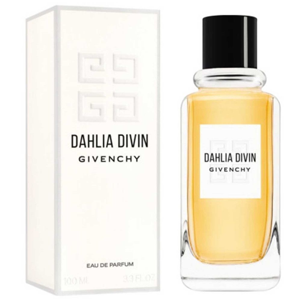 Parfümflakon und Verpackung. Flakon mit schwarzem Verschluss. Verpackung weiß mit Logo und Schriftzug DAHLIA DIVIN, GIVENCHY.