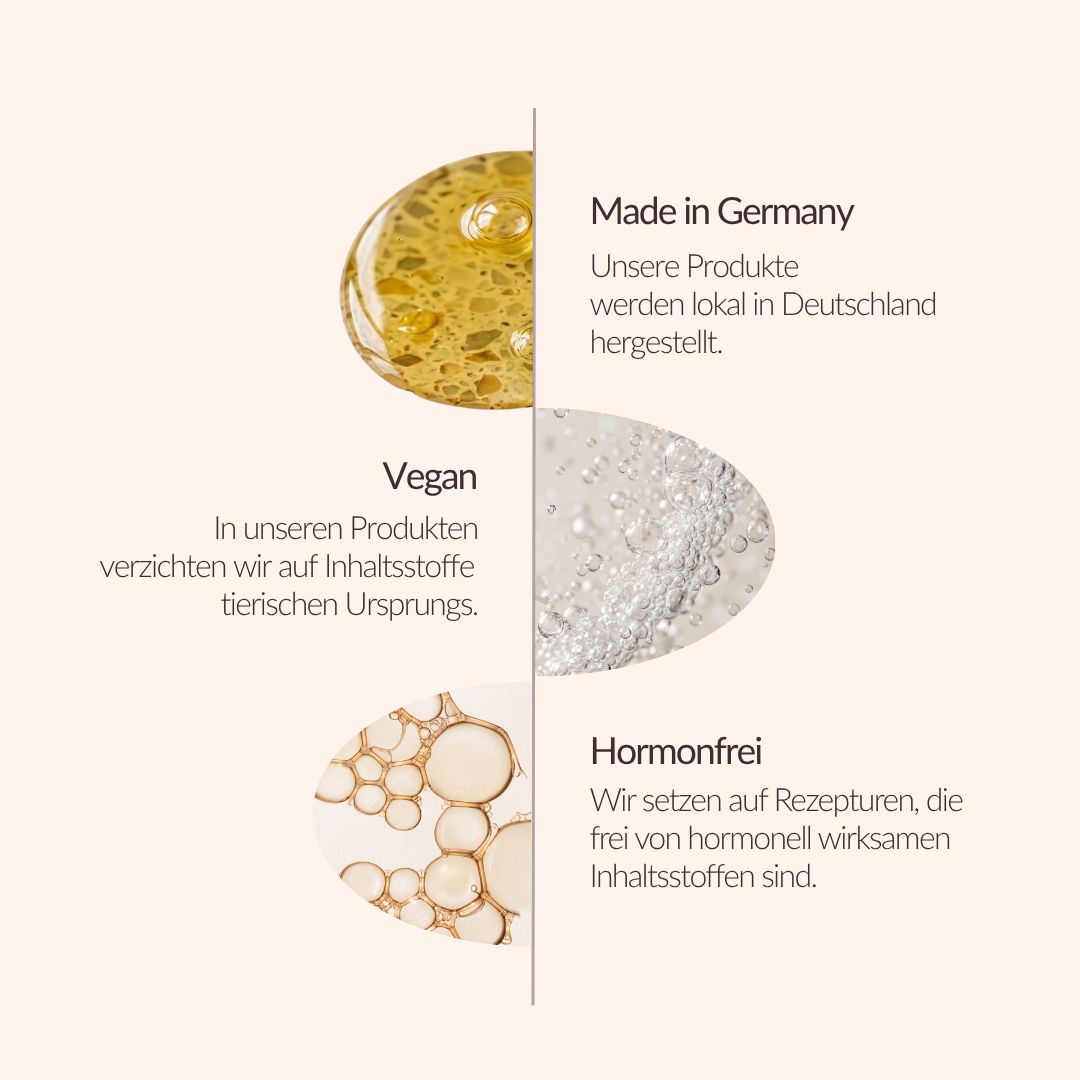 Drei Nahaufnahmen von Texturen mit Text-Overlays zu 'Made in Germany', 'Vegan' und 'Hormonfrei'.